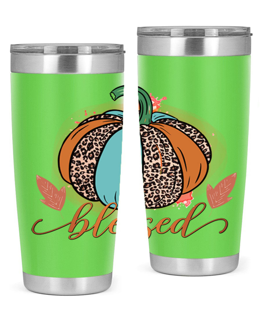 Blessed 52# fall tumbler in stainless steel with a vibrant design, showcasing its double wall vacuum insulation and drink-thru lid.