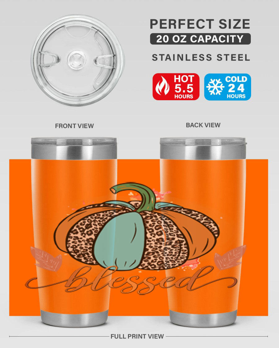 Blessed 52# fall tumbler in stainless steel with a vibrant design, showcasing its double wall vacuum insulation and drink-thru lid.