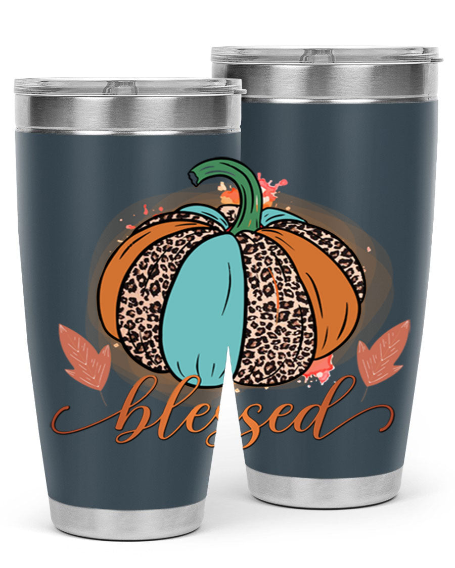 Blessed 52# fall tumbler in stainless steel with a vibrant design, showcasing its double wall vacuum insulation and drink-thru lid.