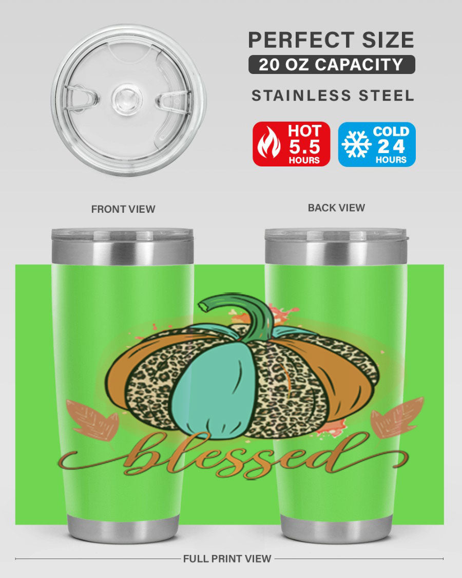 Blessed 52# fall tumbler in stainless steel with a vibrant design, showcasing its double wall vacuum insulation and drink-thru lid.