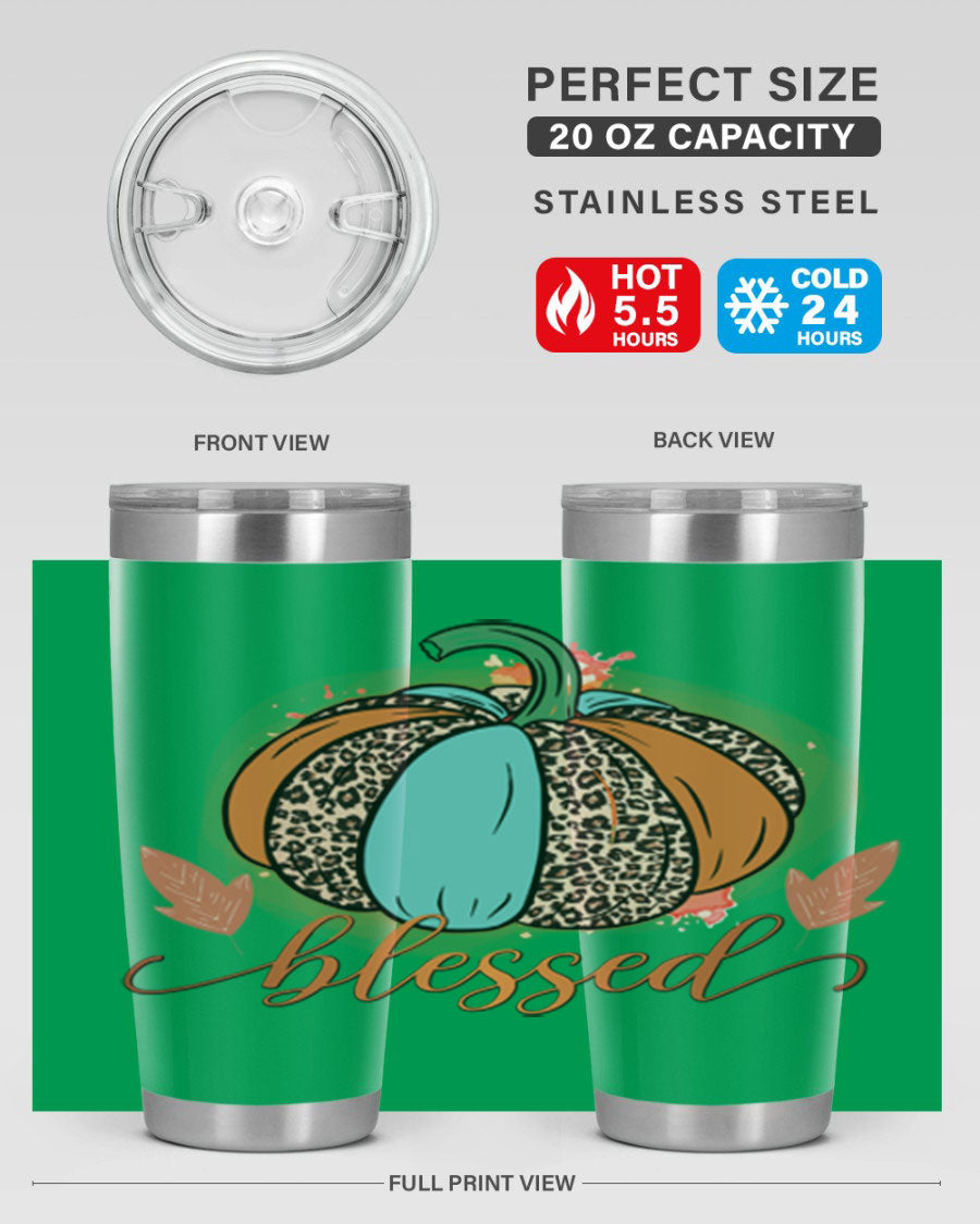 Blessed 52# fall tumbler in stainless steel with a vibrant design, showcasing its double wall vacuum insulation and drink-thru lid.