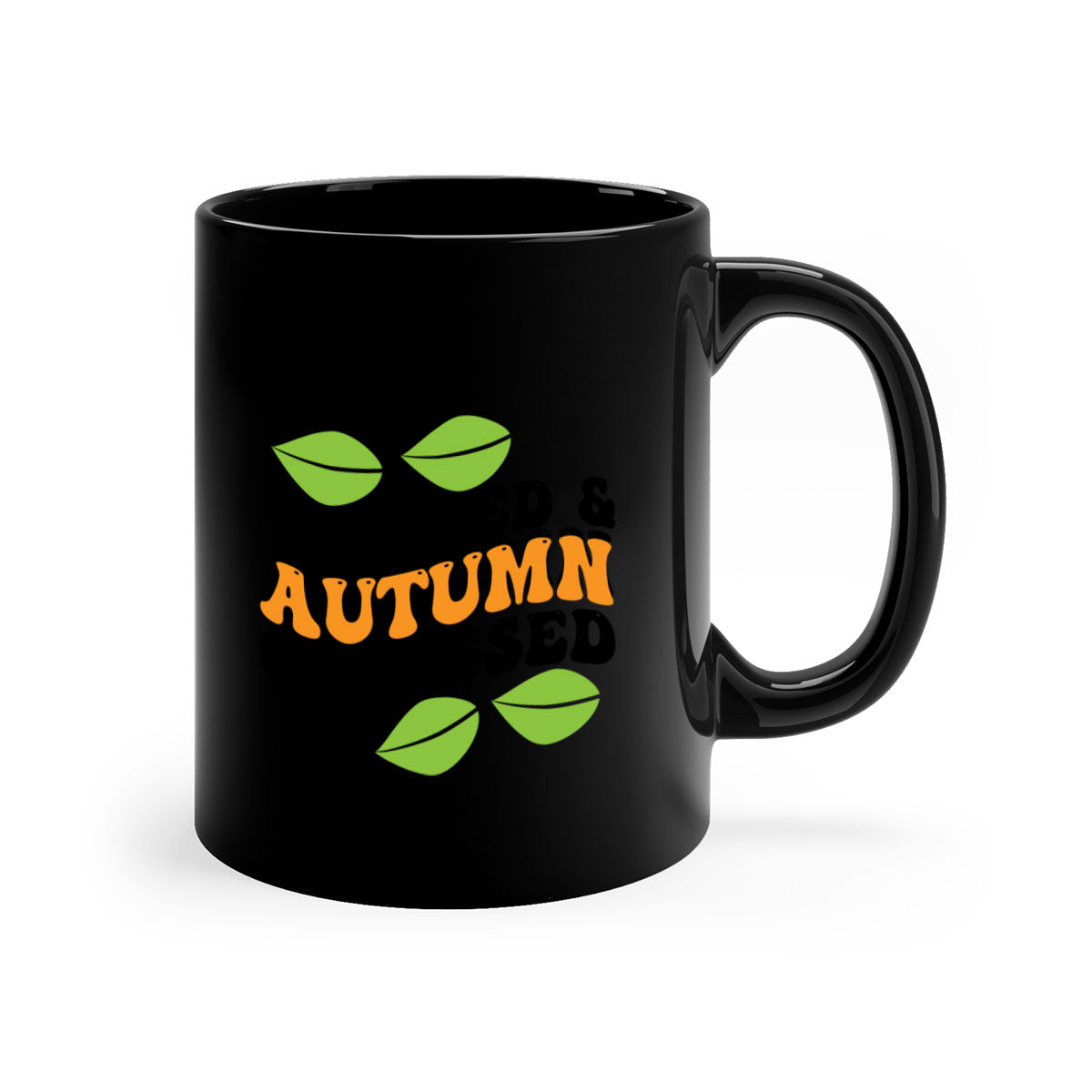 A two-tone ceramic coffee mug with a glossy finish, featuring a colored handle and interior, perfect for fall beverages.