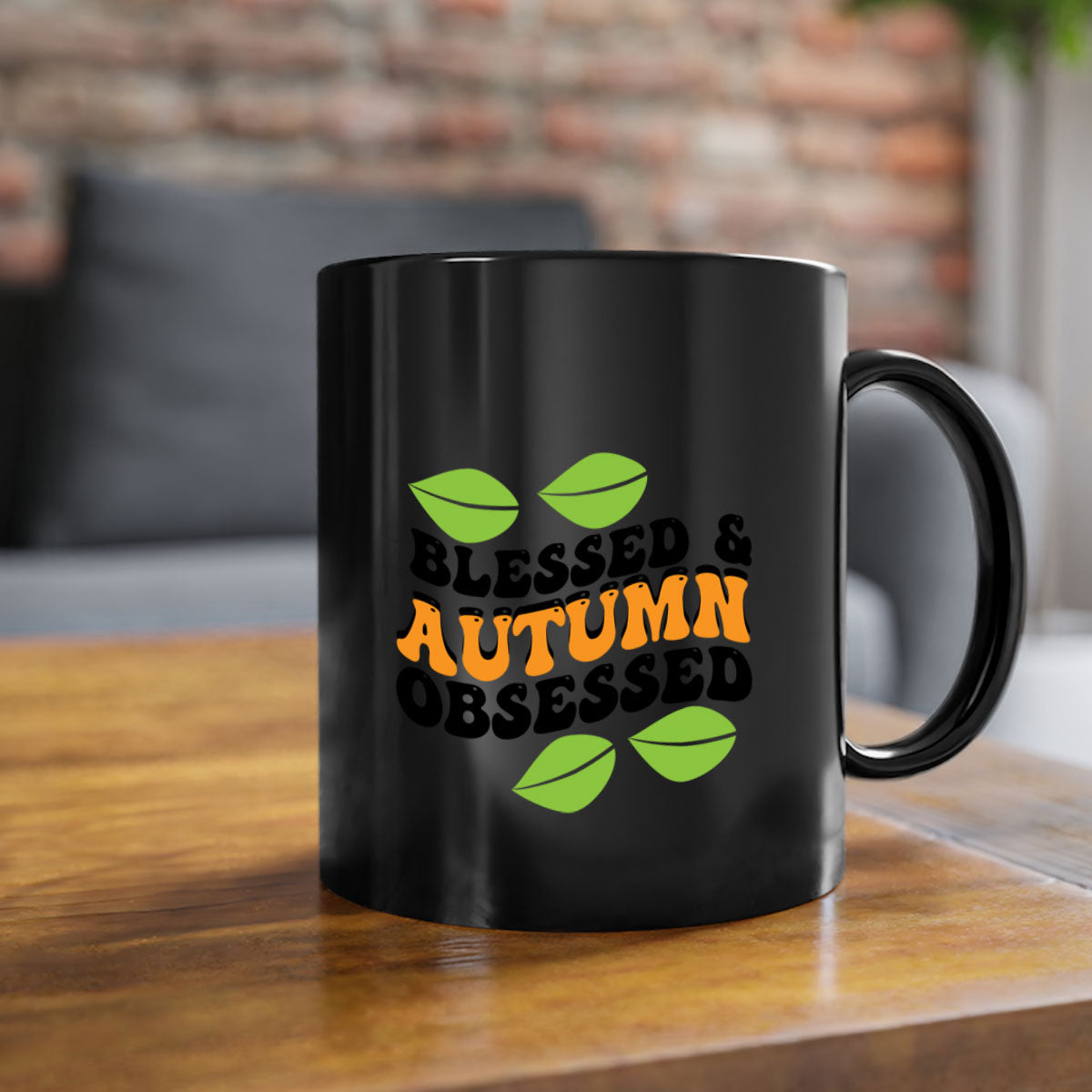 A two-tone ceramic coffee mug with a glossy finish, featuring a colored handle and interior, perfect for fall beverages.