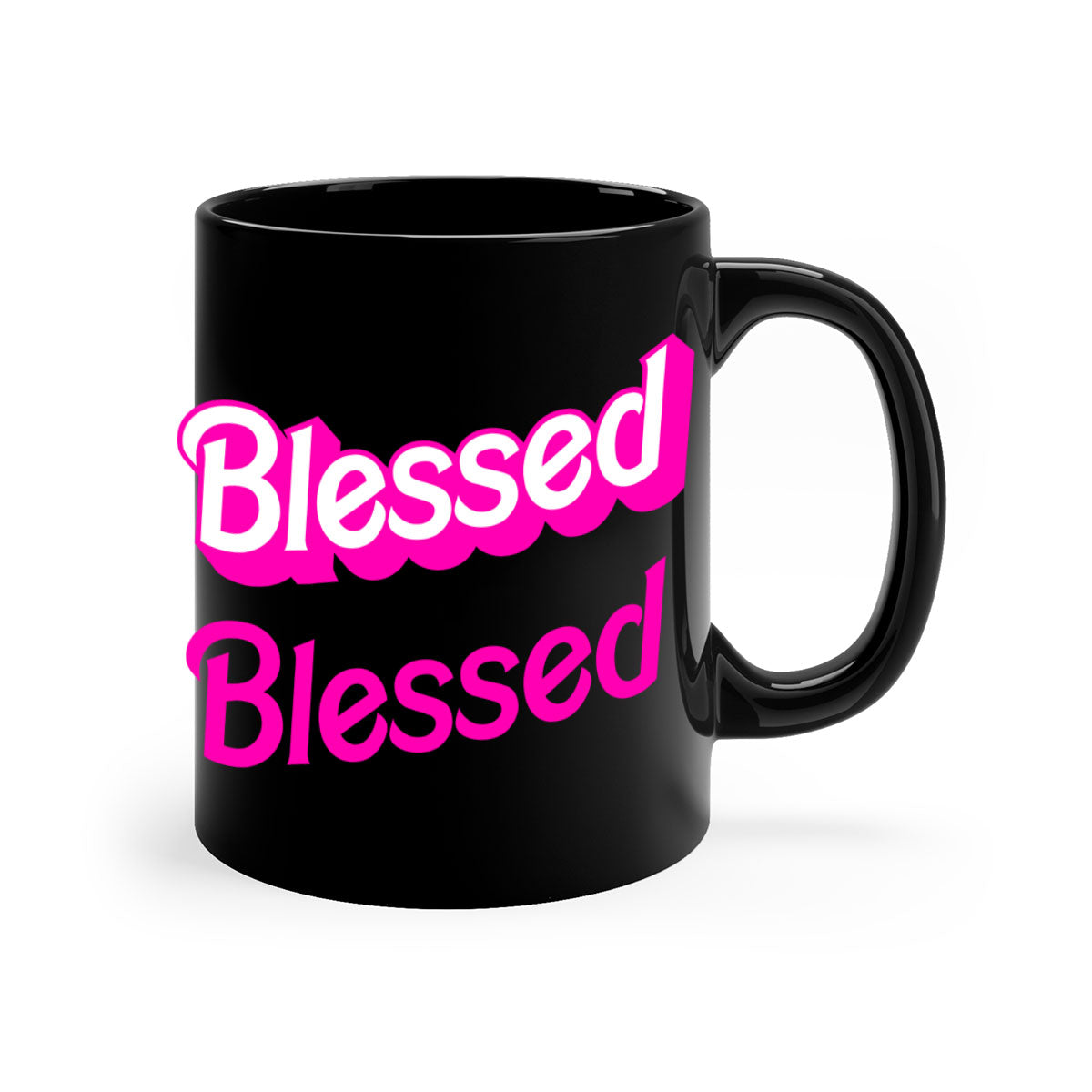 Blessed Barbie 193# Mug featuring black words and phrases, available in multiple colors with a glossy finish.