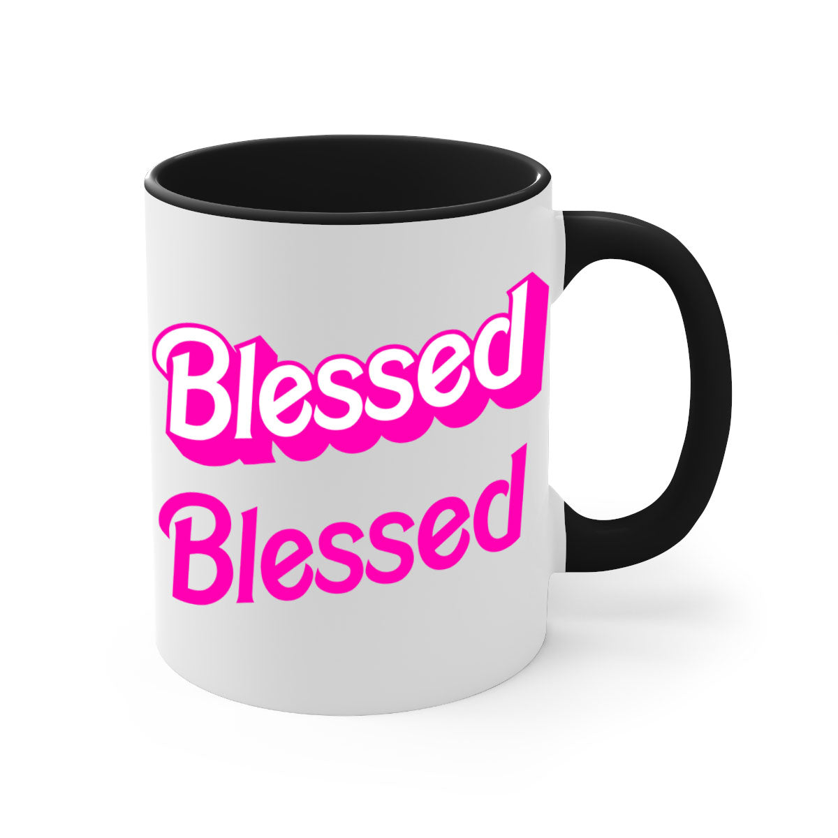 Blessed Barbie 193# Mug featuring black words and phrases, available in multiple colors with a glossy finish.