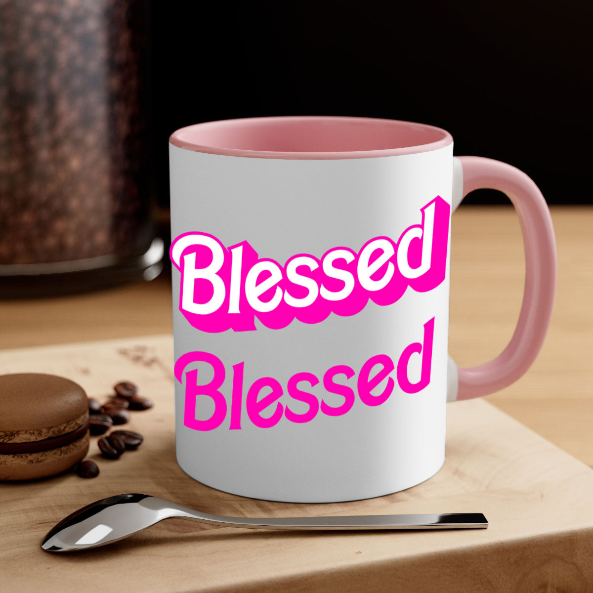 Blessed Barbie 193# Mug featuring black words and phrases, available in multiple colors with a glossy finish.