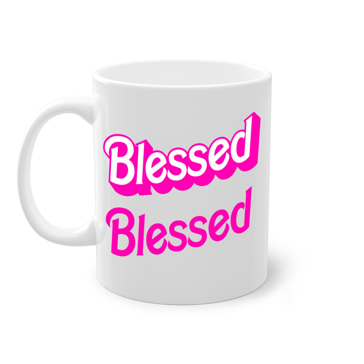 Blessed Barbie 193# Mug featuring black words and phrases, available in multiple colors with a glossy finish.