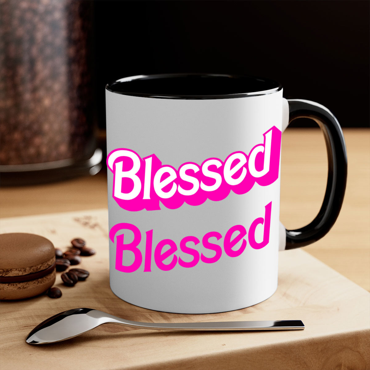 Blessed Barbie 193# Mug featuring black words and phrases, available in multiple colors with a glossy finish.