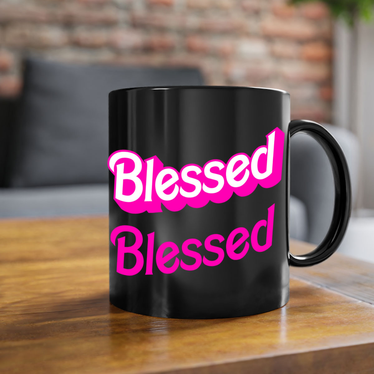 Blessed Barbie 193# Mug featuring black words and phrases, available in multiple colors with a glossy finish.