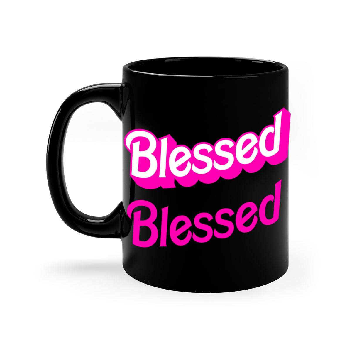 Blessed Barbie 193# Mug featuring black words and phrases, available in multiple colors with a glossy finish.