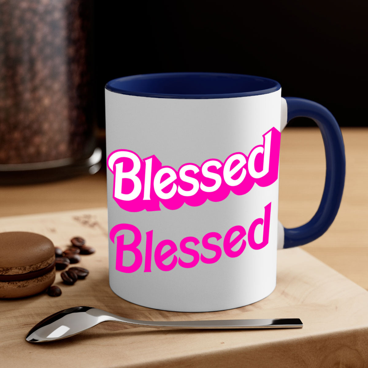 Blessed Barbie 193# Mug featuring black words and phrases, available in multiple colors with a glossy finish.