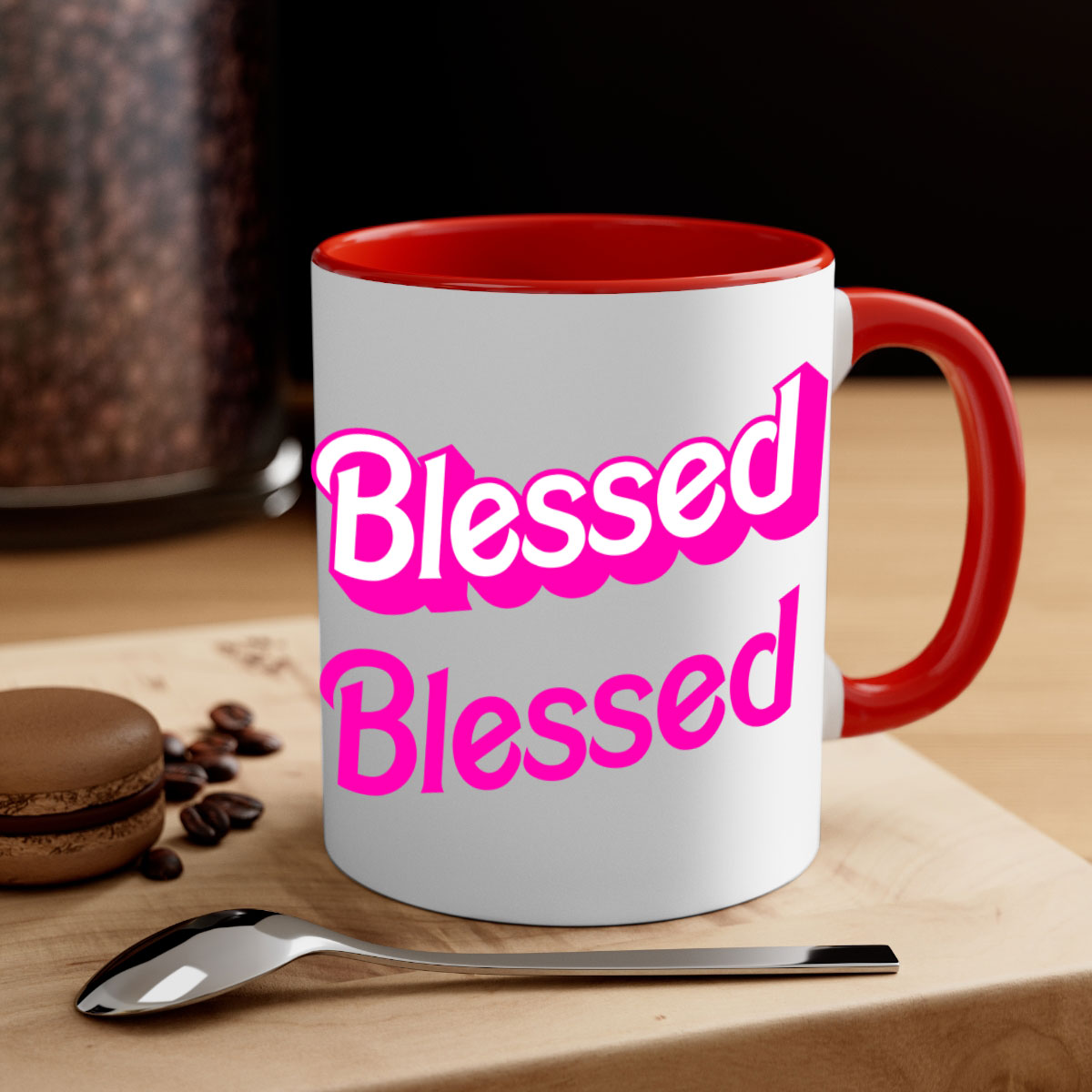 Blessed Barbie 193# Mug featuring black words and phrases, available in multiple colors with a glossy finish.