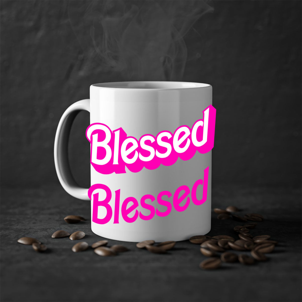 Blessed Barbie 193# Mug featuring black words and phrases, available in multiple colors with a glossy finish.