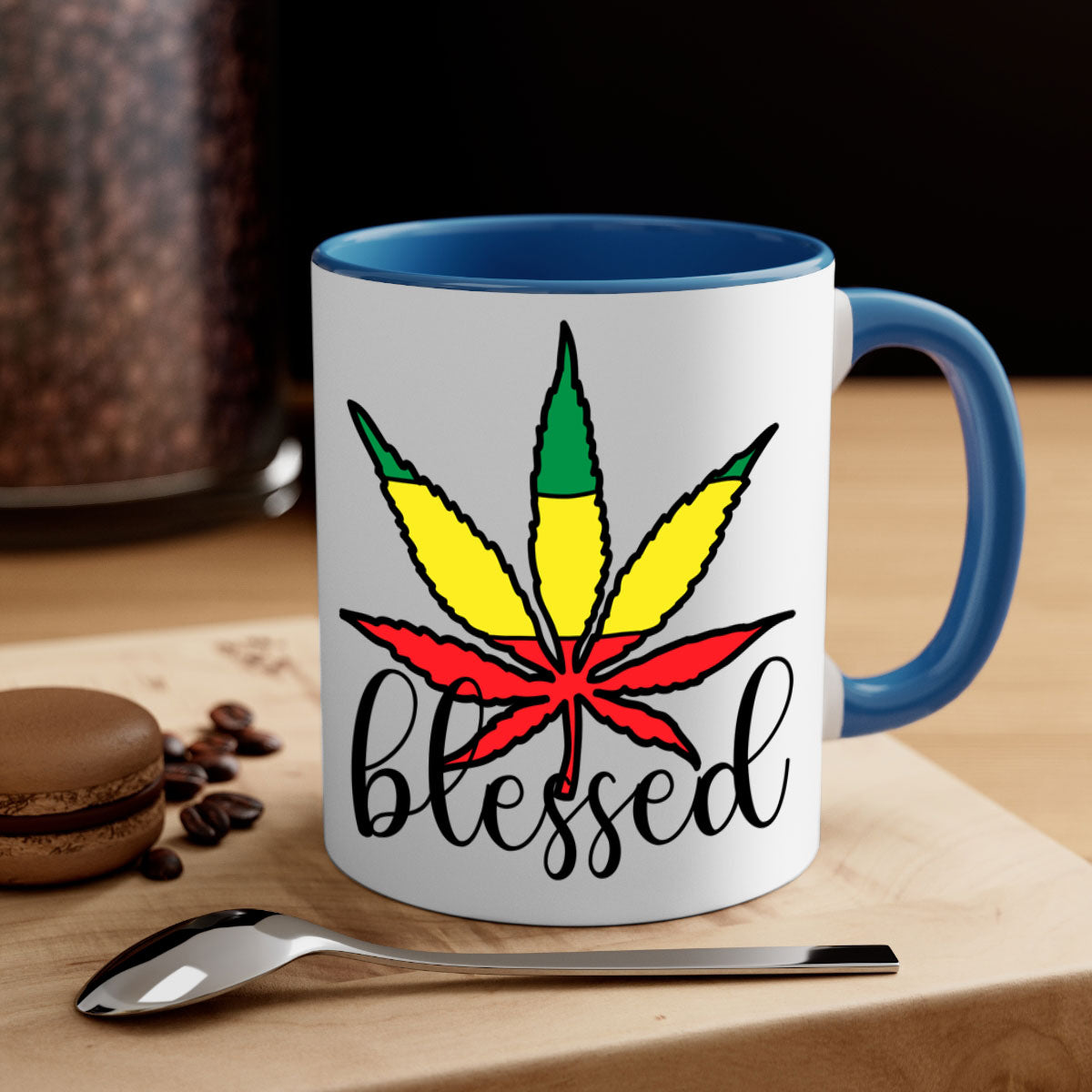 Blessed Cannabis Jamaican 18# Mug with a glossy finish and colorful handle, available in multiple colors and sizes.