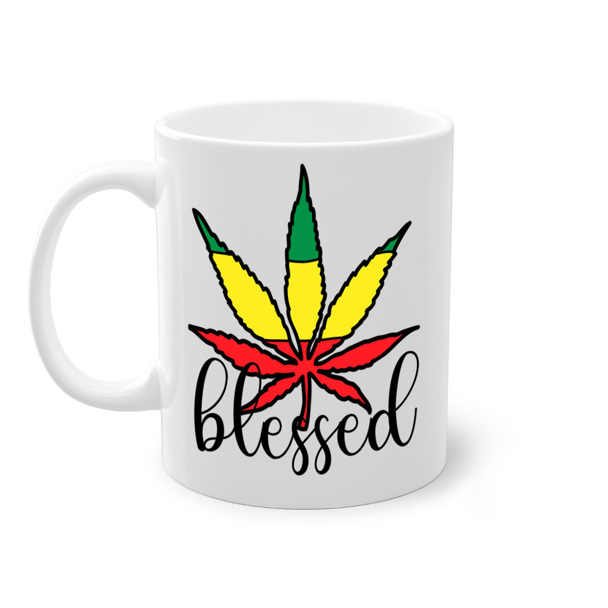 Blessed Cannabis Jamaican 18# Mug with a glossy finish and colorful handle, available in multiple colors and sizes.