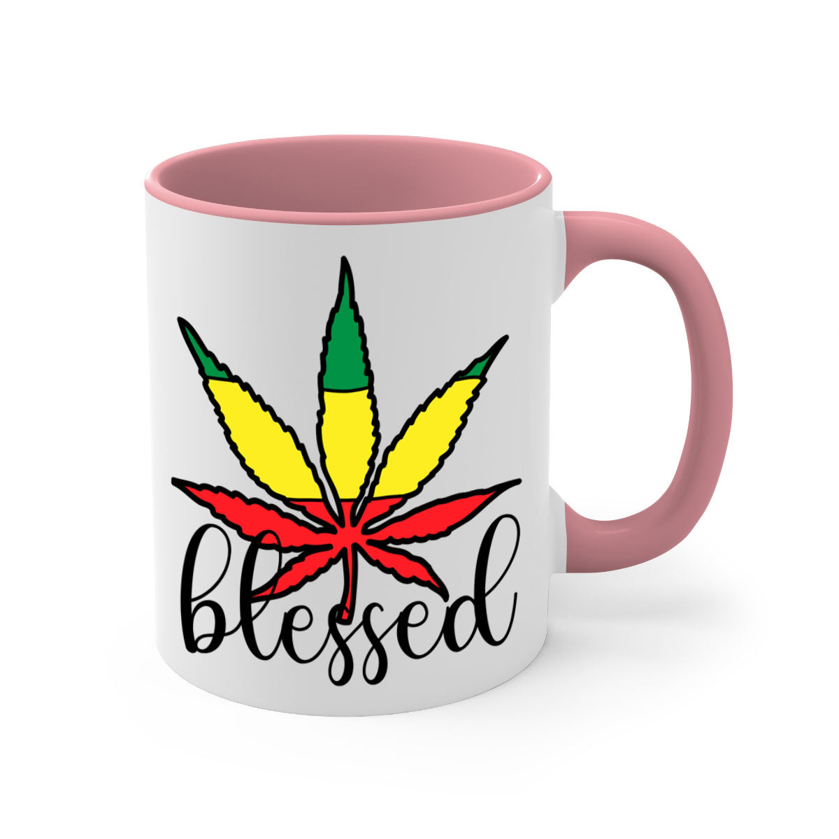 Blessed Cannabis Jamaican 18# Mug with a glossy finish and colorful handle, available in multiple colors and sizes.