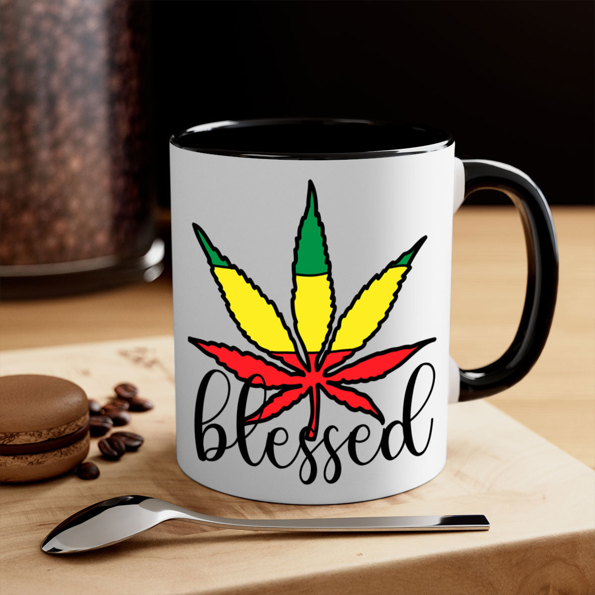 Blessed Cannabis Jamaican 18# Mug with a glossy finish and colorful handle, available in multiple colors and sizes.