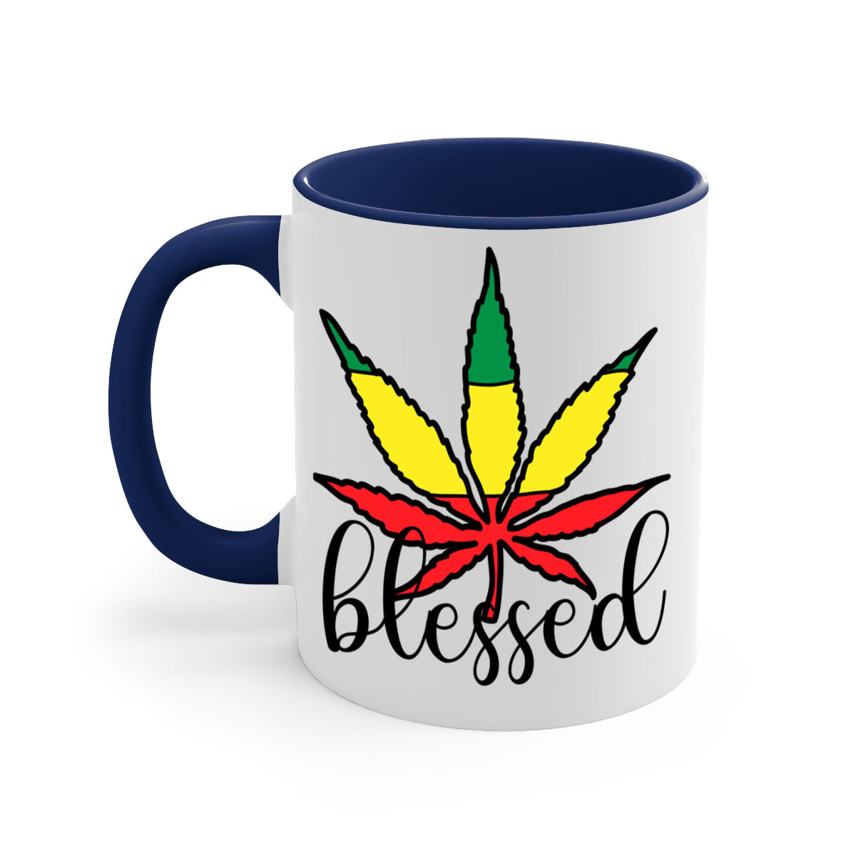 Blessed Cannabis Jamaican 18# Mug with a glossy finish and colorful handle, available in multiple colors and sizes.