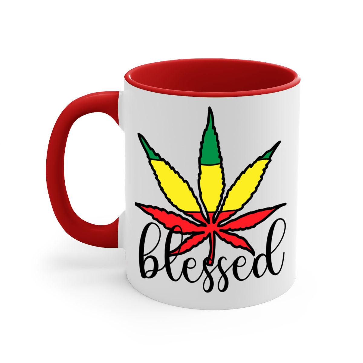 Blessed Cannabis Jamaican 18# Mug with a glossy finish and colorful handle, available in multiple colors and sizes.