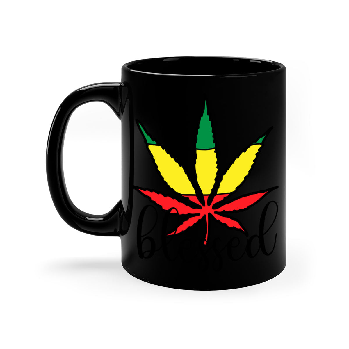 Blessed Cannabis Jamaican 18# Mug with a glossy finish and colorful handle, available in multiple colors and sizes.