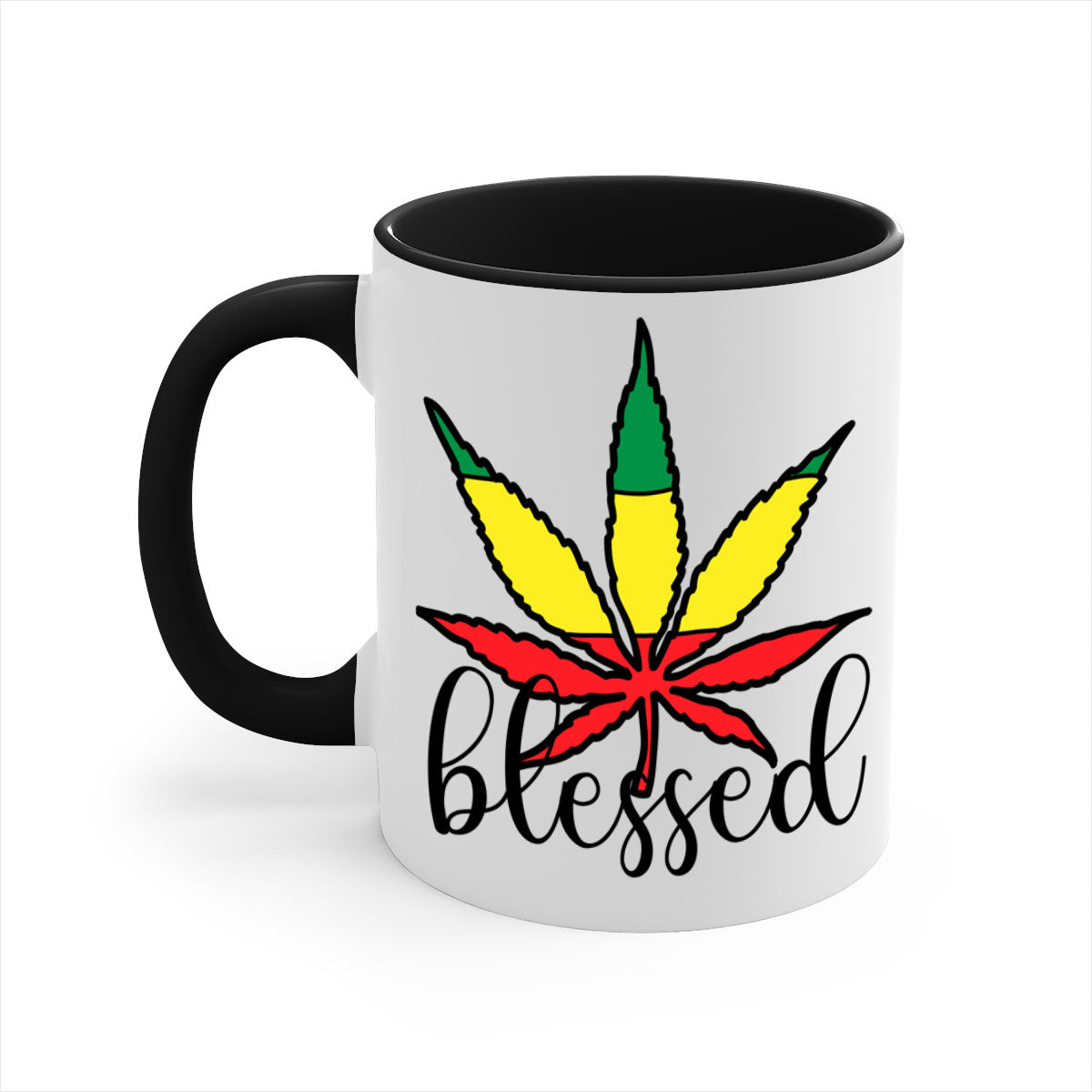 Blessed Cannabis Jamaican 18# Mug with a glossy finish and colorful handle, available in multiple colors and sizes.