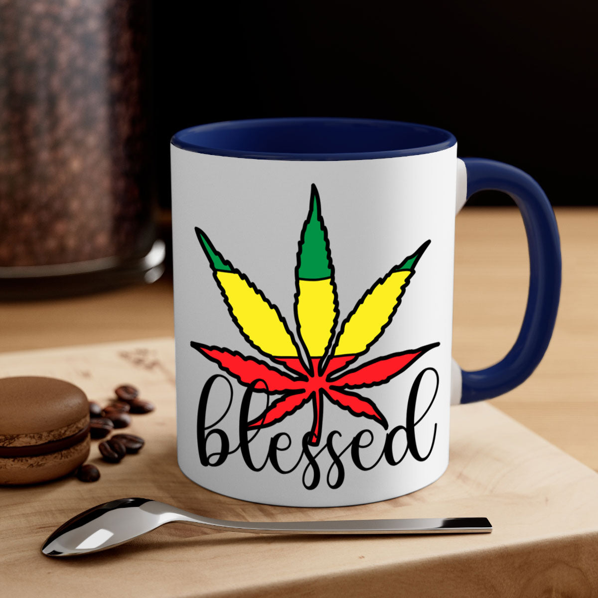 Blessed Cannabis Jamaican 18# Mug with a glossy finish and colorful handle, available in multiple colors and sizes.