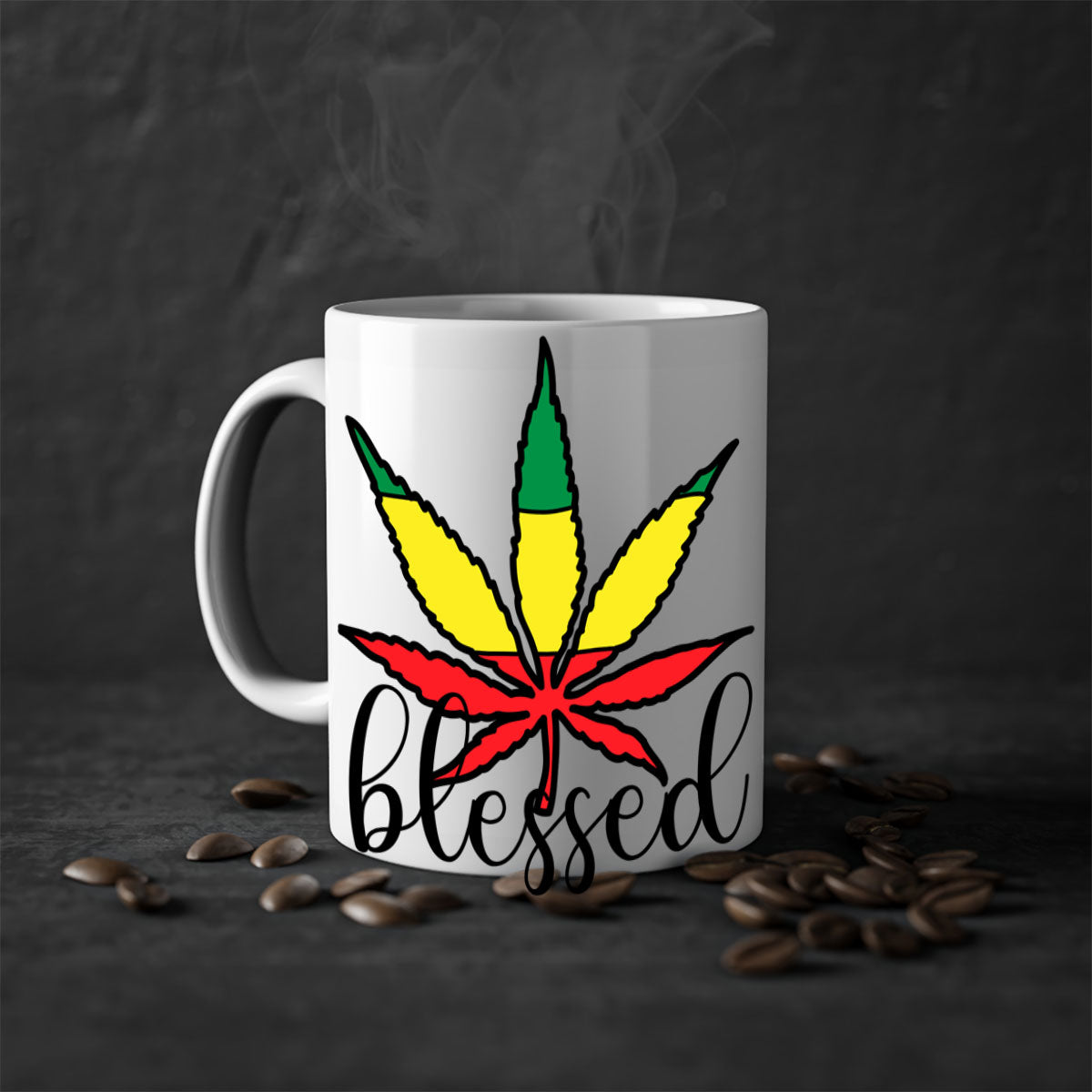 Blessed Cannabis Jamaican 18# Mug with a glossy finish and colorful handle, available in multiple colors and sizes.