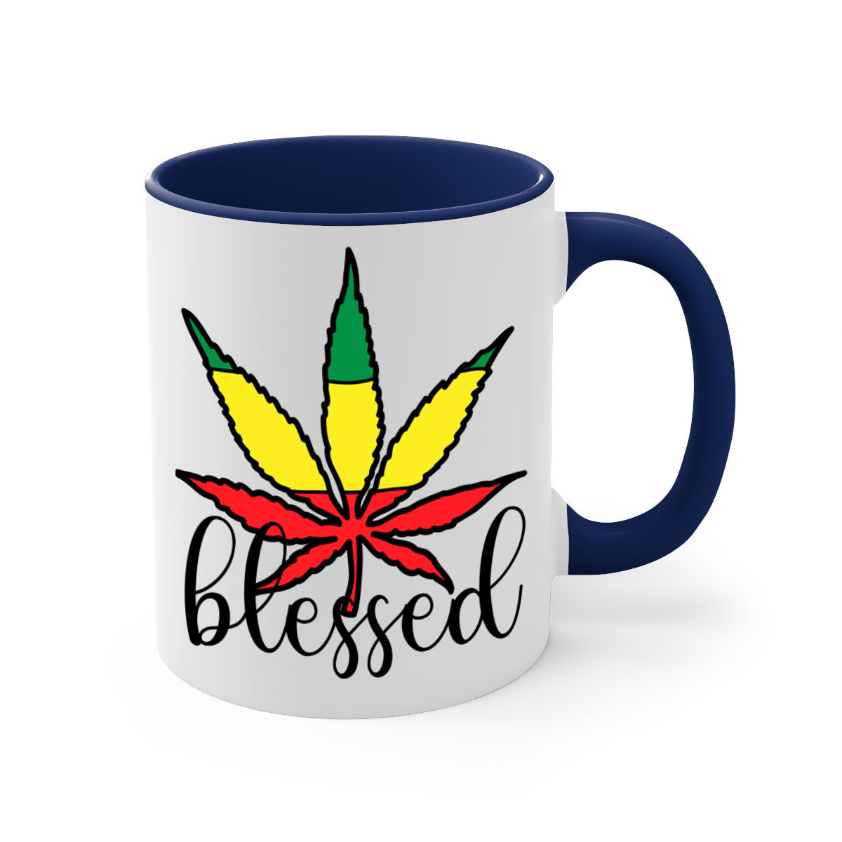 Blessed Cannabis Jamaican 18# Mug with a glossy finish and colorful handle, available in multiple colors and sizes.