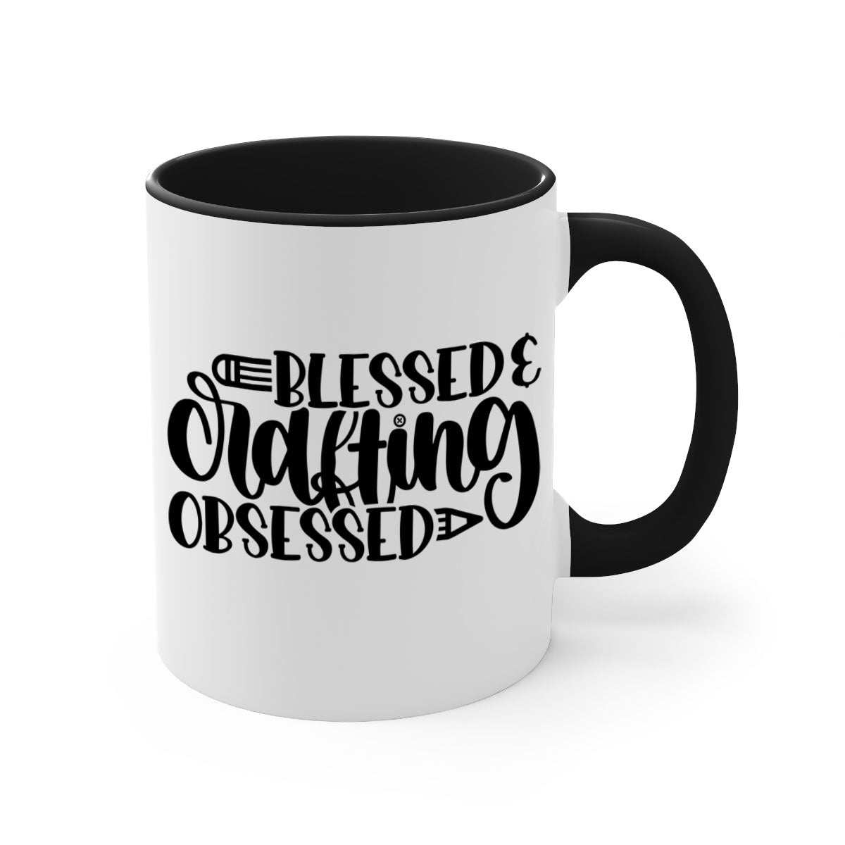 Blessed Crafting Obsessed 47# Mug with colorful handle and glossy finish, available in multiple colors and sizes.