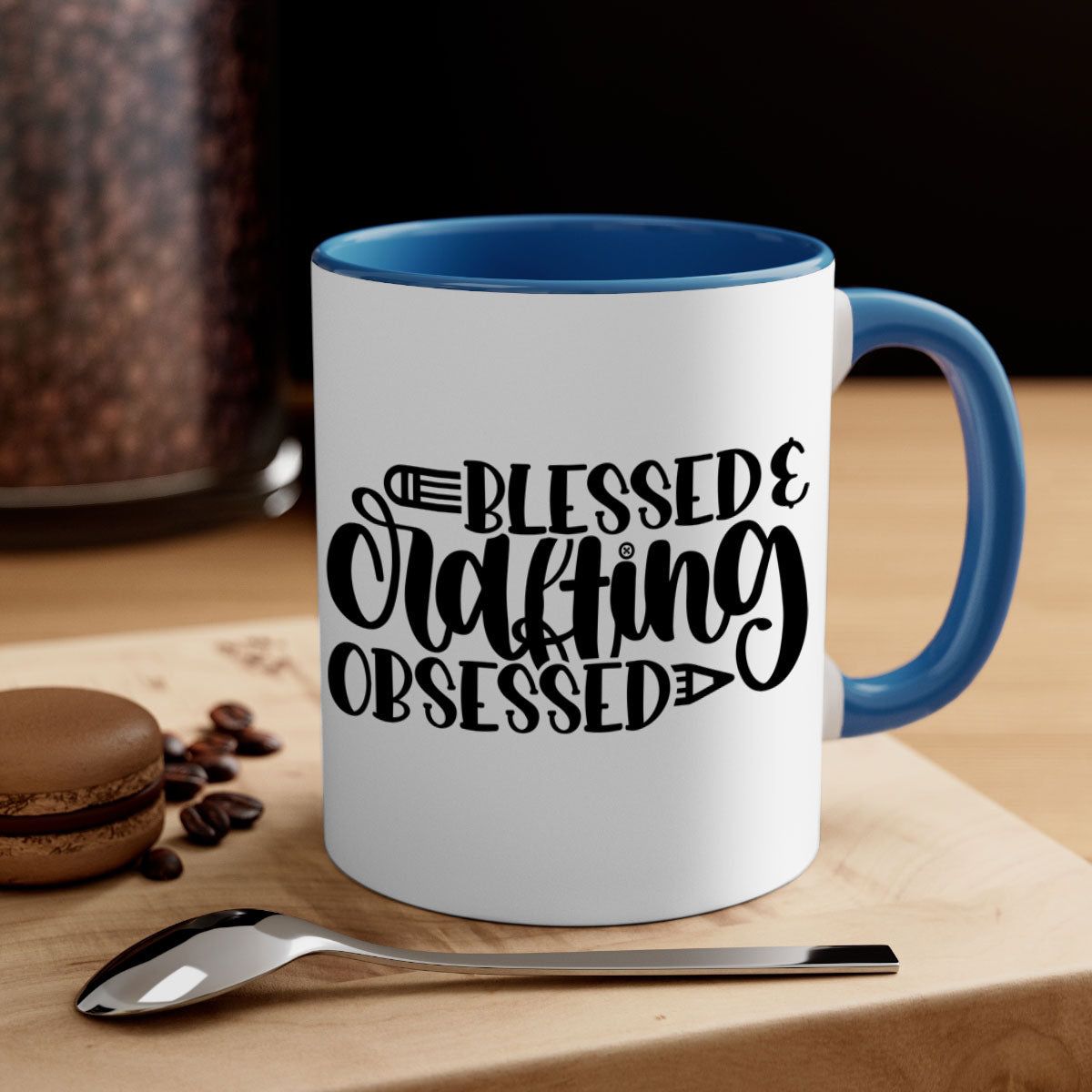 Blessed Crafting Obsessed 47# Mug with colorful handle and glossy finish, available in multiple colors and sizes.