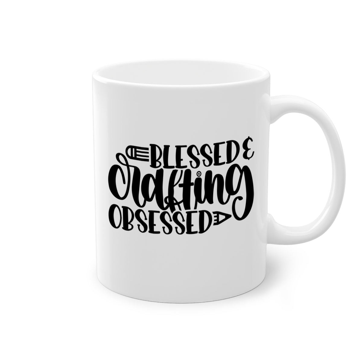 Blessed Crafting Obsessed 47# Mug with colorful handle and glossy finish, available in multiple colors and sizes.