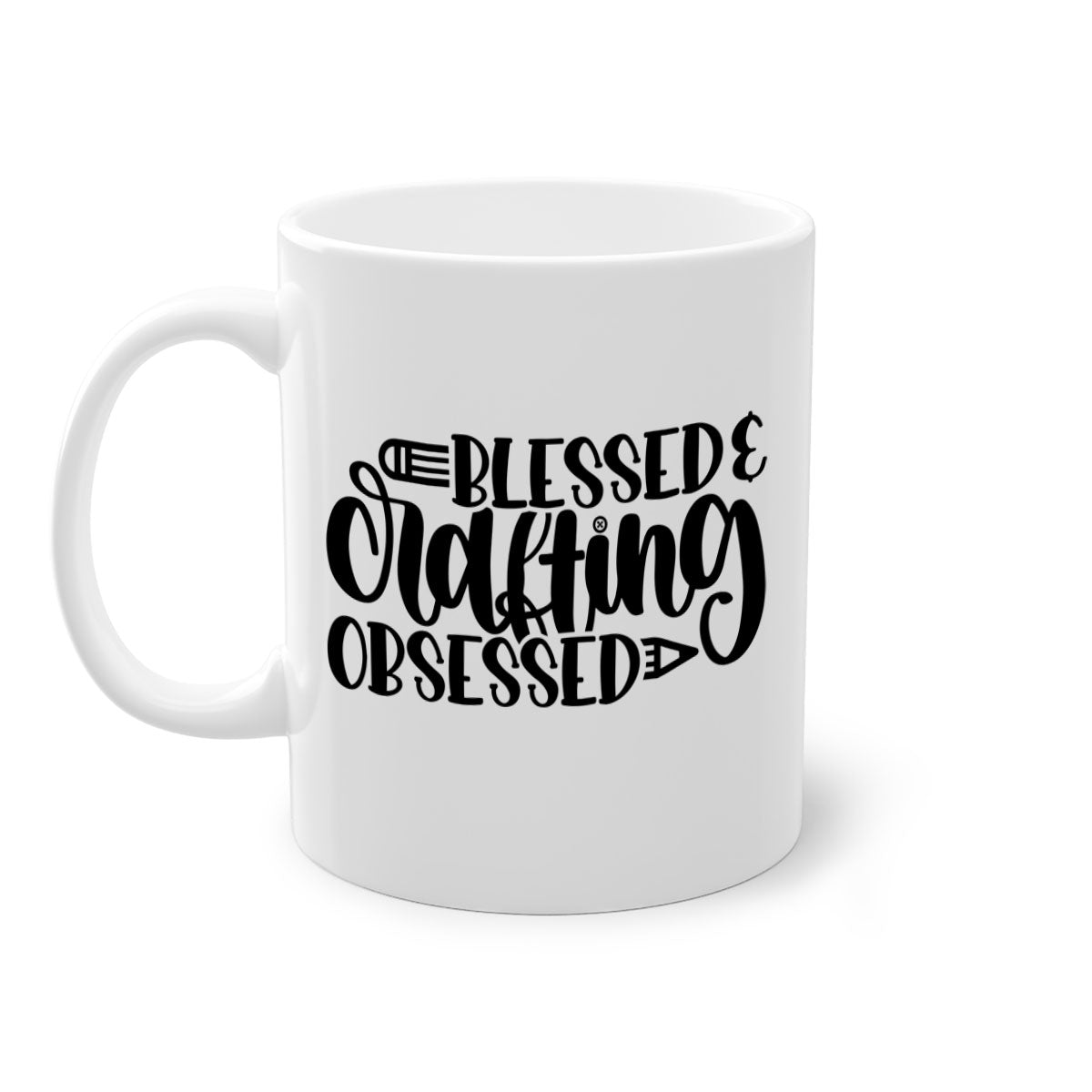 Blessed Crafting Obsessed 47# Mug with colorful handle and glossy finish, available in multiple colors and sizes.