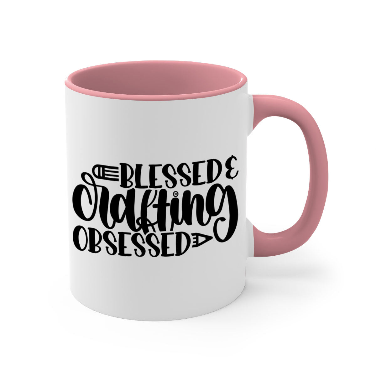 Blessed Crafting Obsessed 47# Mug with colorful handle and glossy finish, available in multiple colors and sizes.