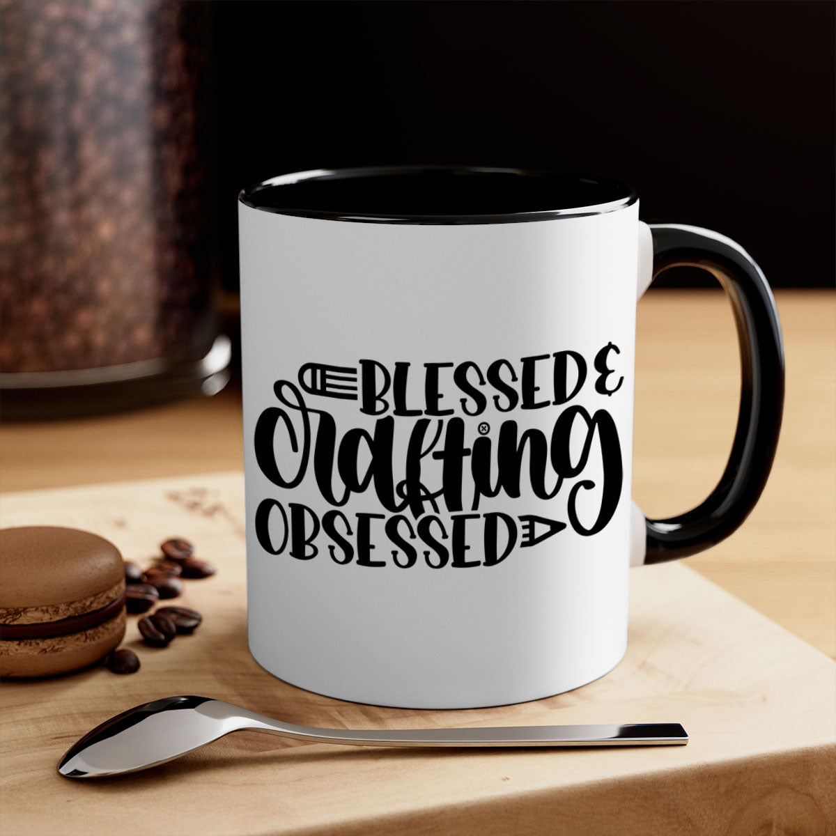 Blessed Crafting Obsessed 47# Mug with colorful handle and glossy finish, available in multiple colors and sizes.