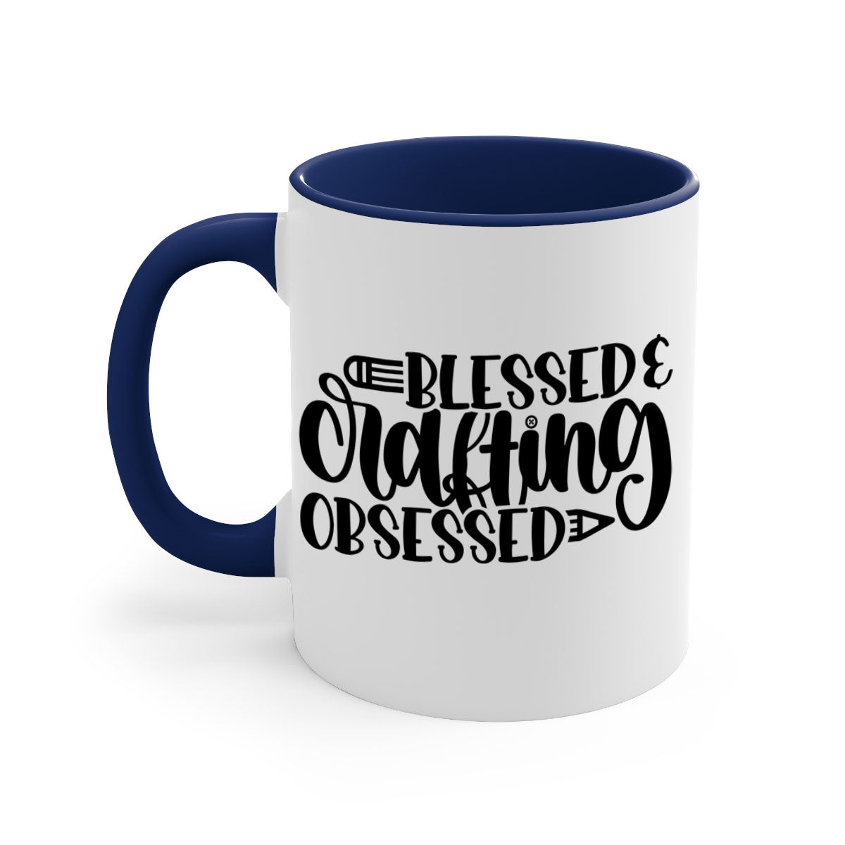 Blessed Crafting Obsessed 47# Mug with colorful handle and glossy finish, available in multiple colors and sizes.