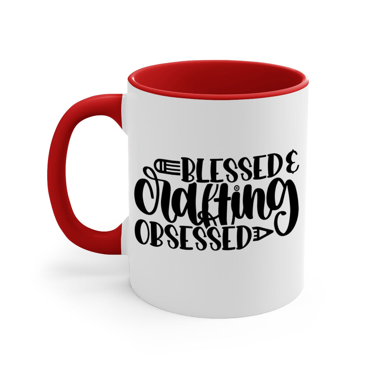 Blessed Crafting Obsessed 47# Mug with colorful handle and glossy finish, available in multiple colors and sizes.