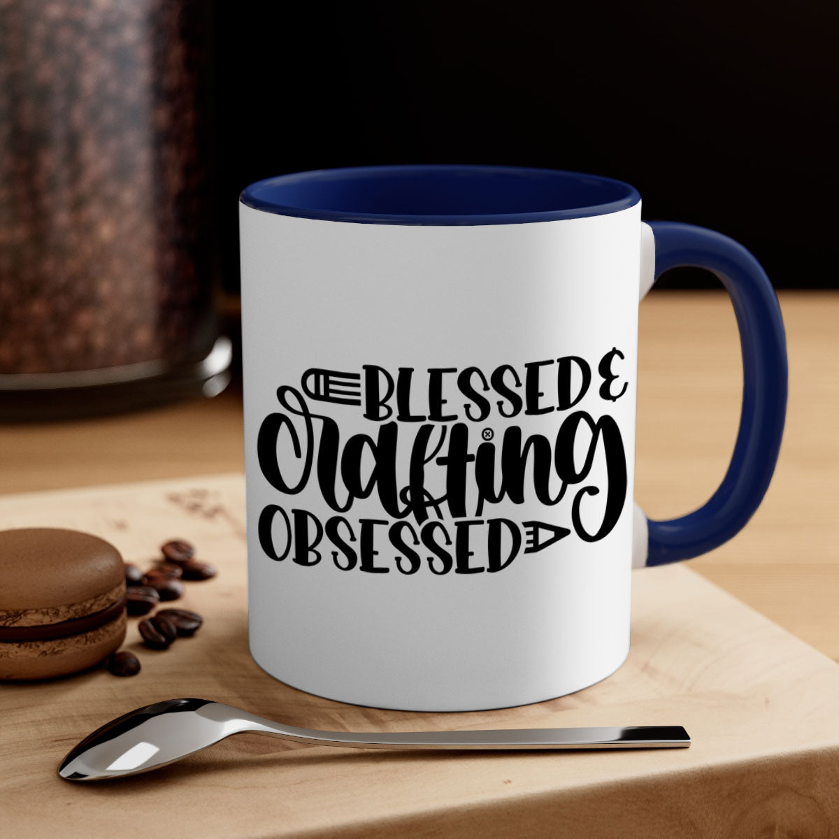 Blessed Crafting Obsessed 47# Mug with colorful handle and glossy finish, available in multiple colors and sizes.