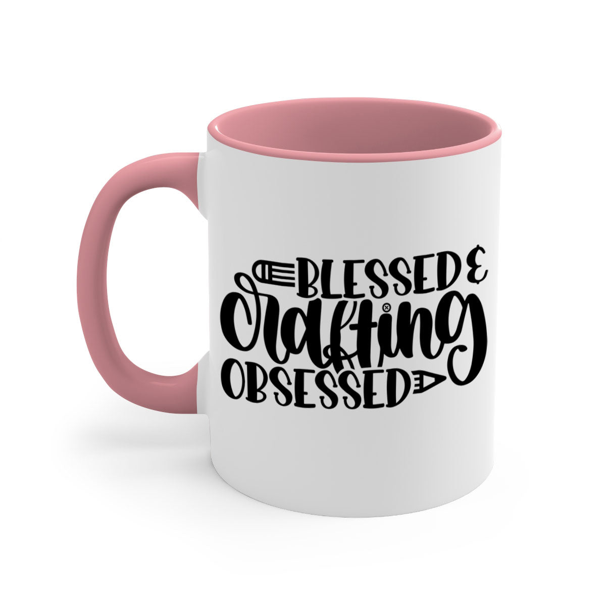 Blessed Crafting Obsessed 47# Mug with colorful handle and glossy finish, available in multiple colors and sizes.