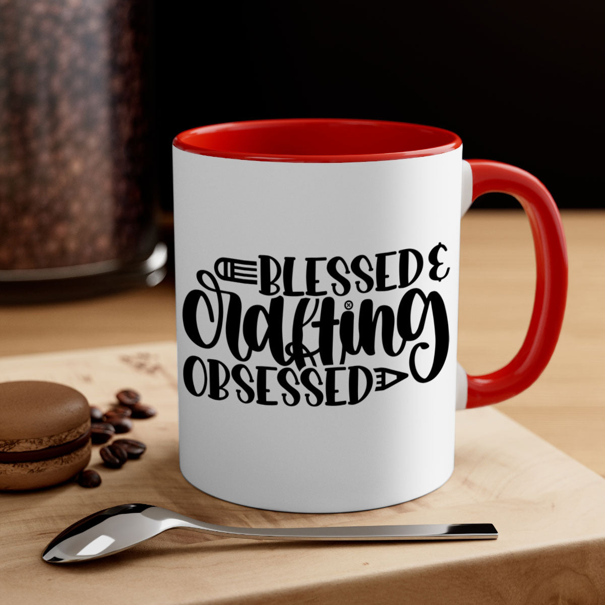 Blessed Crafting Obsessed 47# Mug with colorful handle and glossy finish, available in multiple colors and sizes.