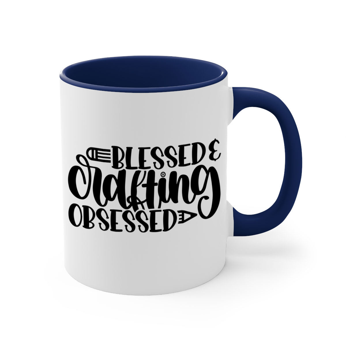 Blessed Crafting Obsessed 47# Mug with colorful handle and glossy finish, available in multiple colors and sizes.