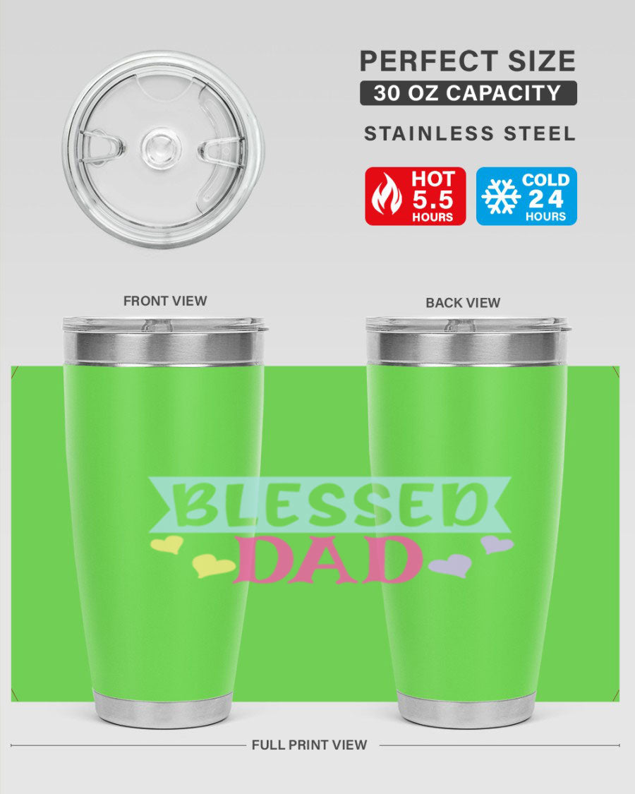 Blessed Dad 37# Tumbler in stainless steel with a drink-thru lid, showcasing its sleek design and vibrant print.