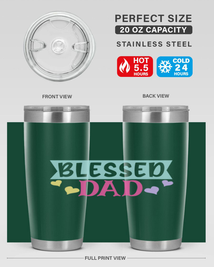 Blessed Dad 37# Tumbler in stainless steel with a drink-thru lid, showcasing its sleek design and vibrant print.