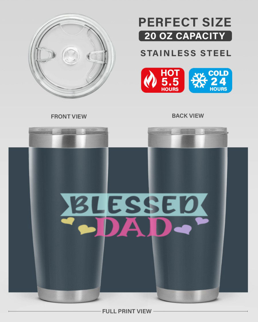 Blessed Dad 37# Tumbler in stainless steel with a drink-thru lid, showcasing its sleek design and vibrant print.