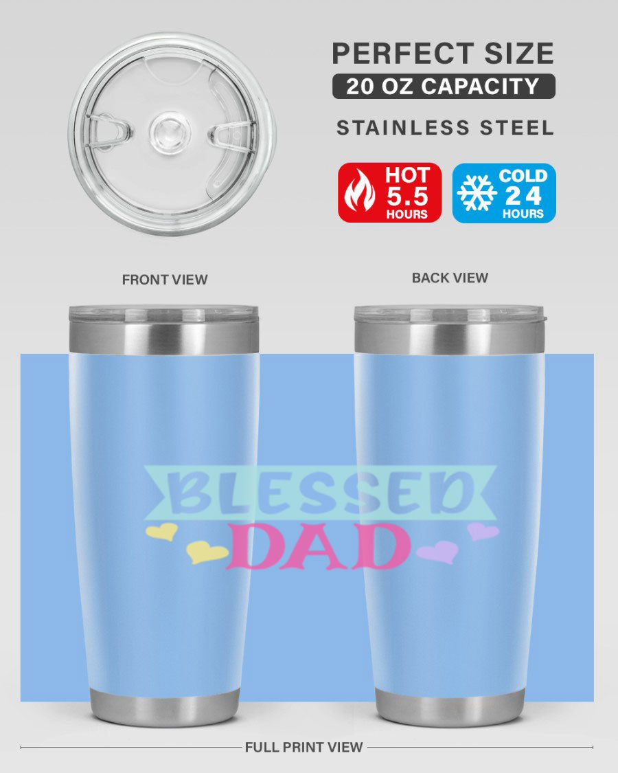 Blessed Dad 37# Tumbler in stainless steel with a drink-thru lid, showcasing its sleek design and vibrant print.