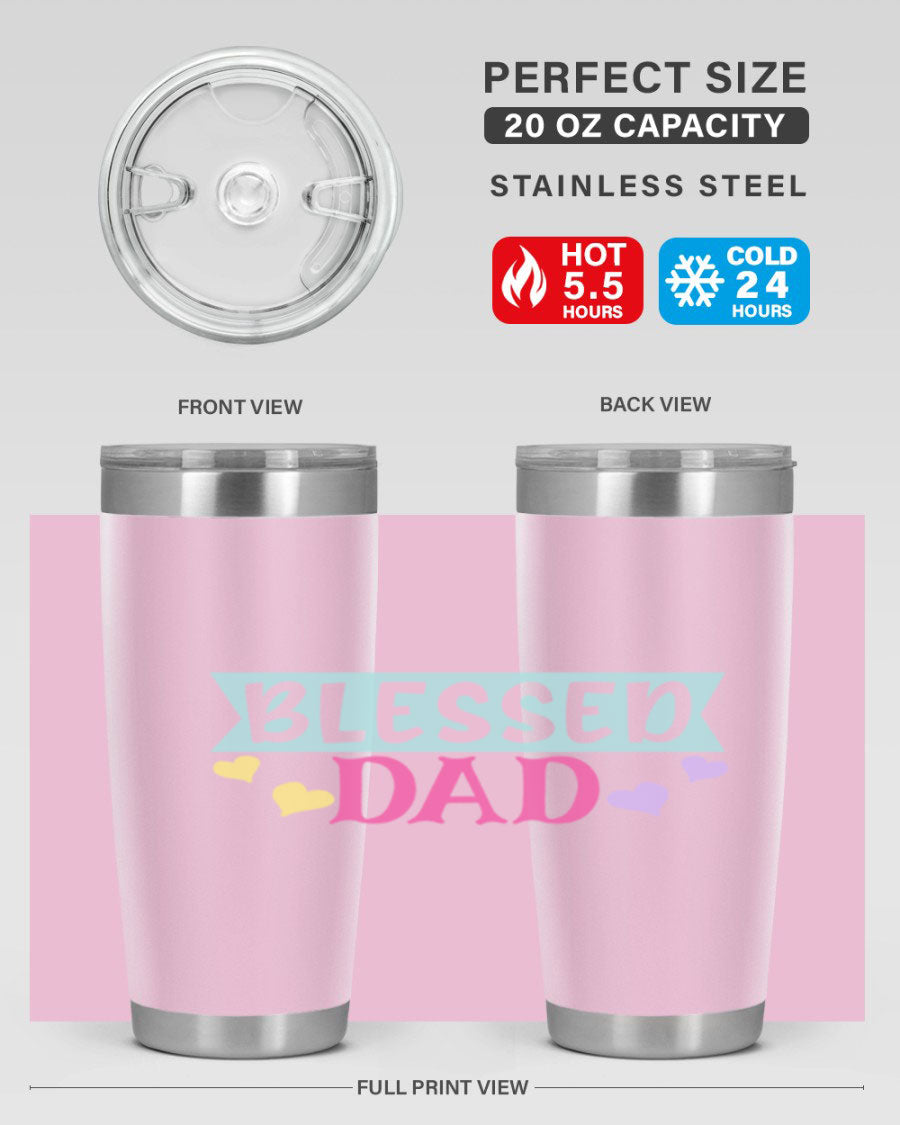 Blessed Dad 37# Tumbler in stainless steel with a drink-thru lid, showcasing its sleek design and vibrant print.