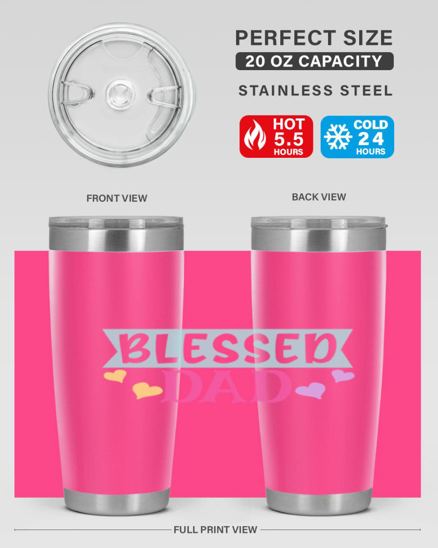 Blessed Dad 37# Tumbler in stainless steel with a drink-thru lid, showcasing its sleek design and vibrant print.