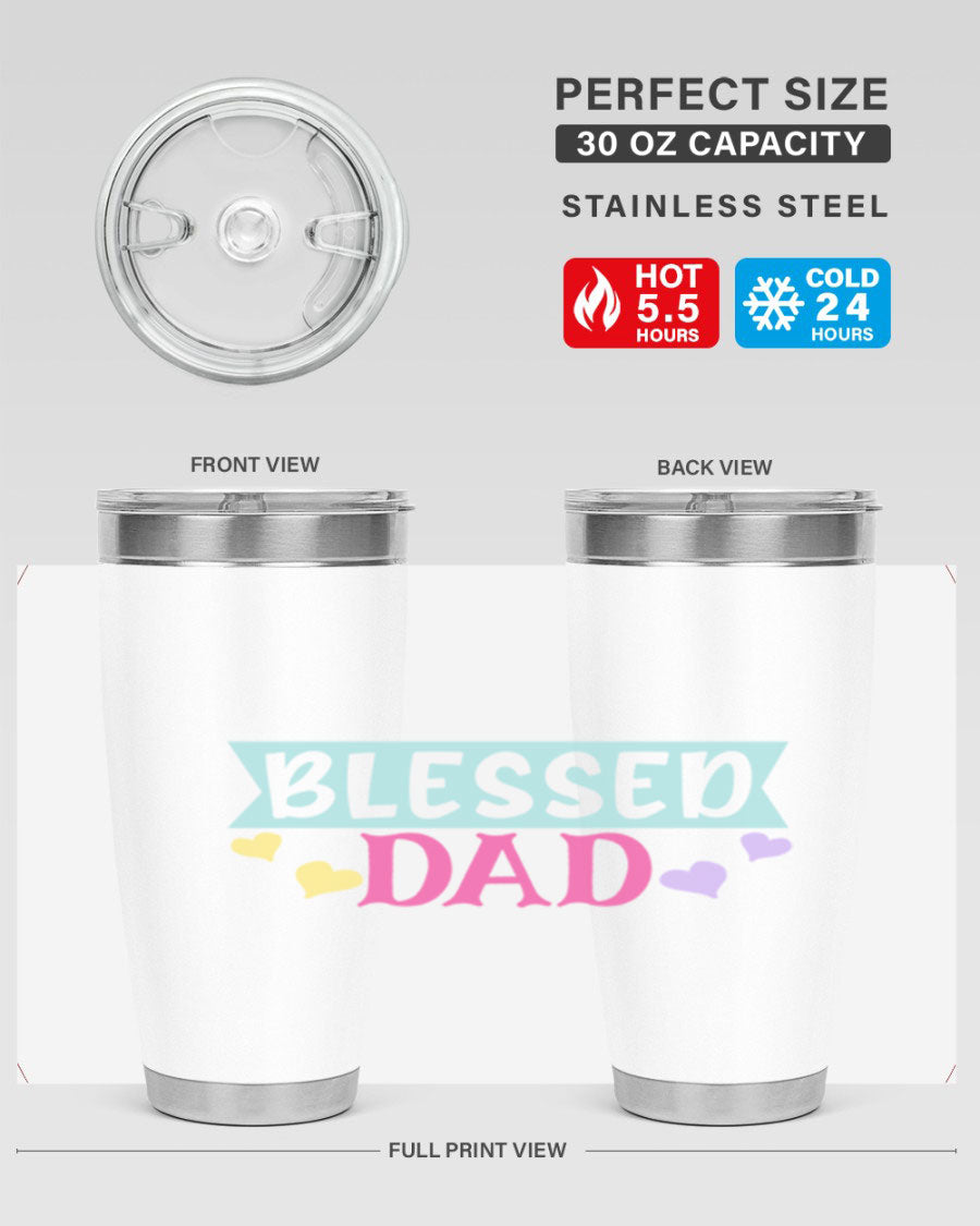 Blessed Dad 37# Tumbler in stainless steel with a drink-thru lid, showcasing its sleek design and vibrant print.