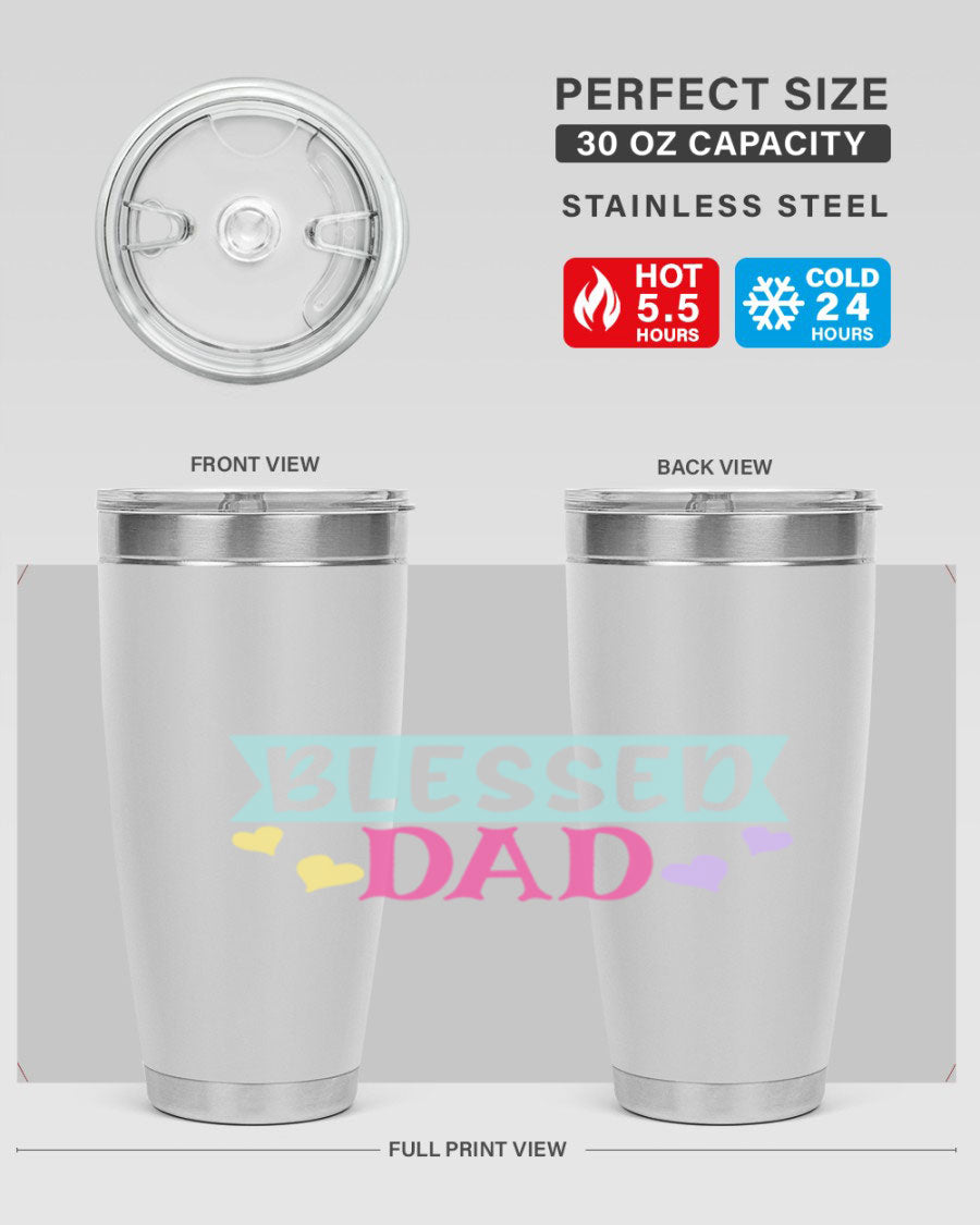 Blessed Dad 37# Tumbler in stainless steel with a drink-thru lid, showcasing its sleek design and vibrant print.