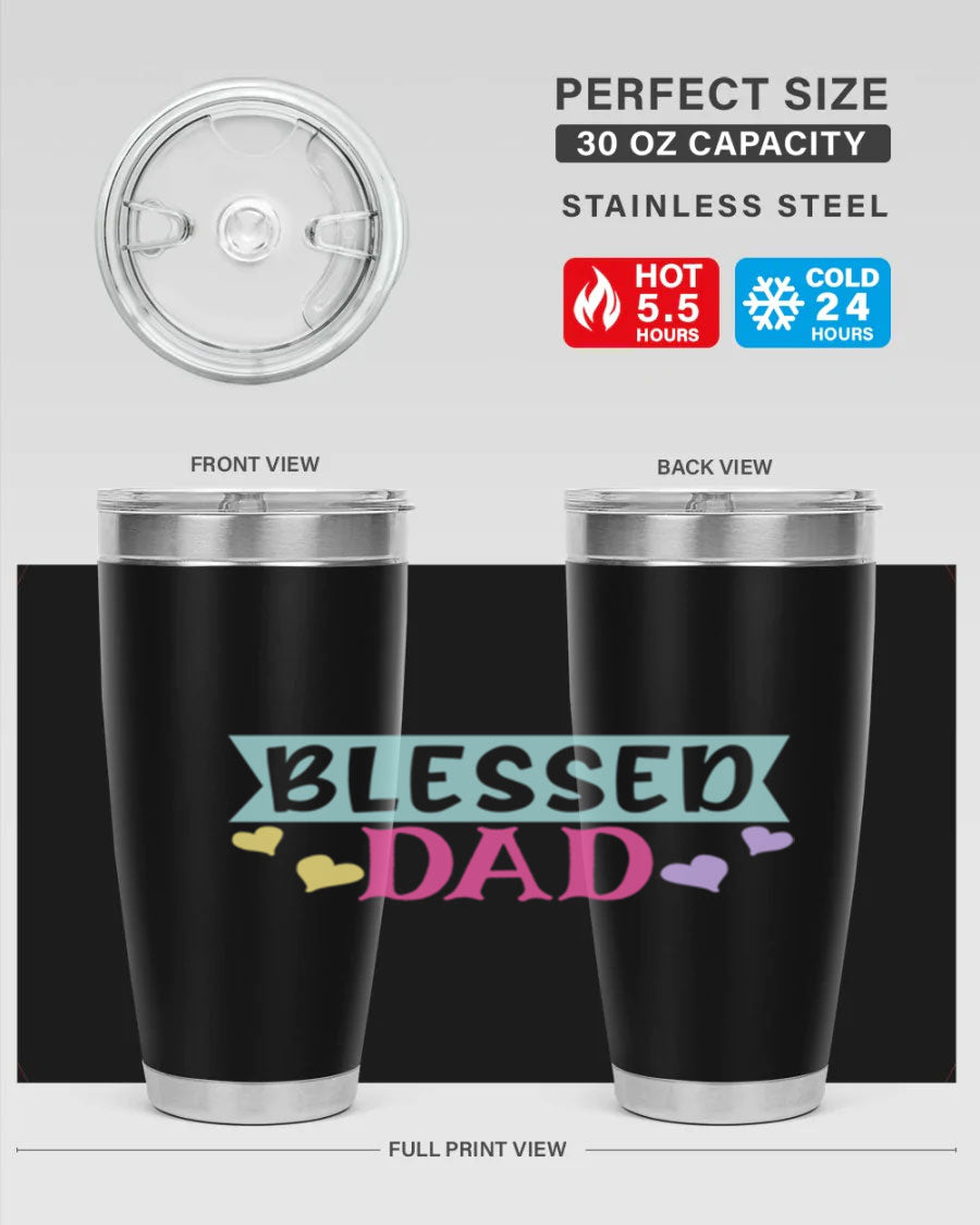 Blessed Dad 37# Tumbler in stainless steel with a drink-thru lid, showcasing its sleek design and vibrant print.