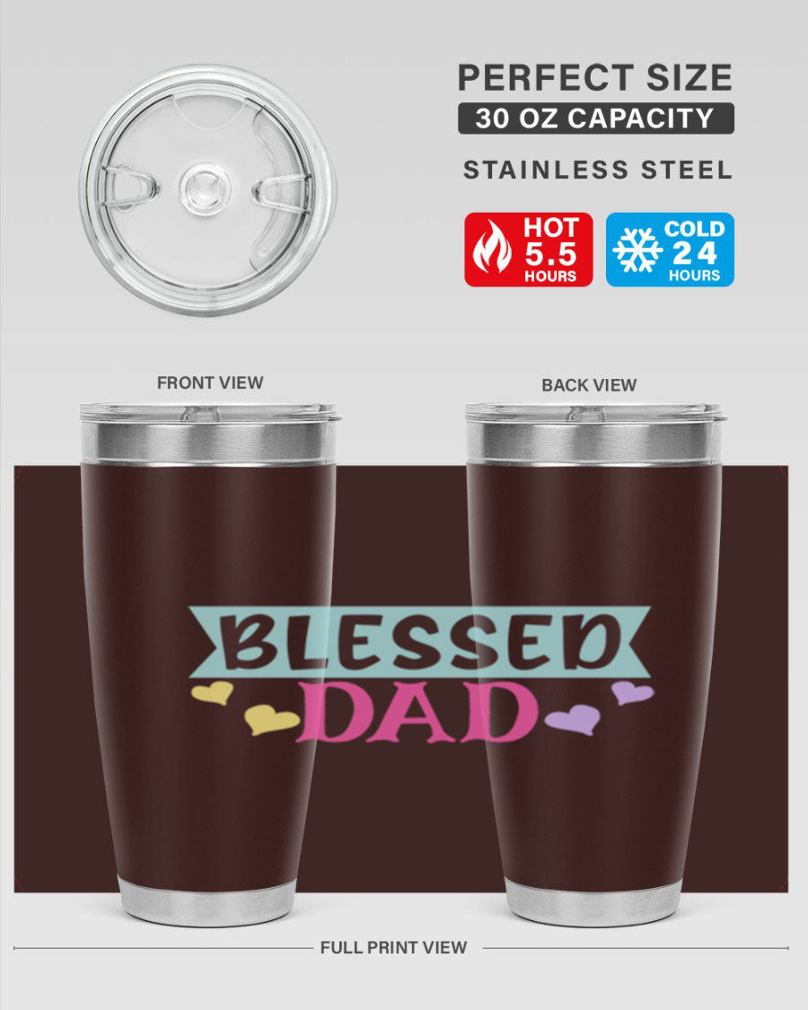 Blessed Dad 37# Tumbler in stainless steel with a drink-thru lid, showcasing its sleek design and vibrant print.